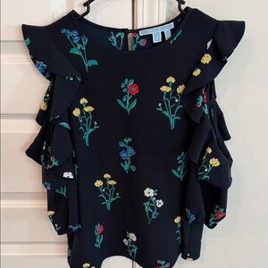 Draper James Navy Floral Ruffle Cold-Shoulder Top Size 8